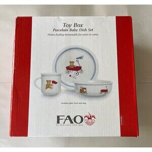 FAO Schwarz Toy Box Porcelain Baby Dish Set 3 Pieces Cup Bowl Plate